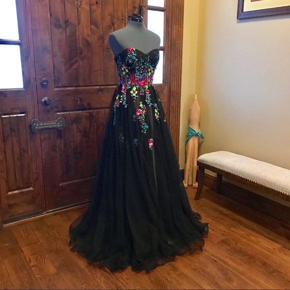 JVN Jovani Black Strapless Floral Chiffon Gown! - Picture 4 of 7